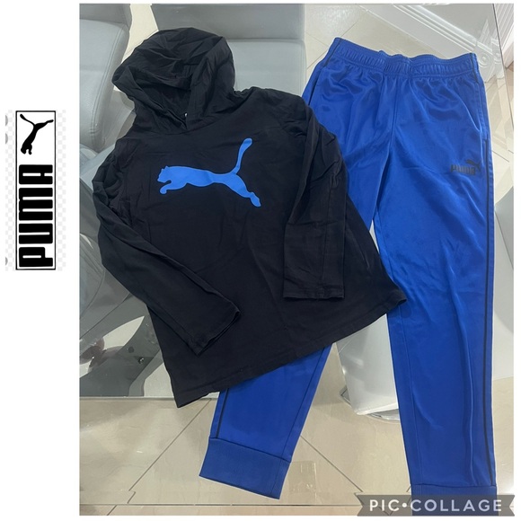 Boys Puma outfit with long sleeve shirt and sweatpants blue and black size 10/12 - Picture 1 of 8